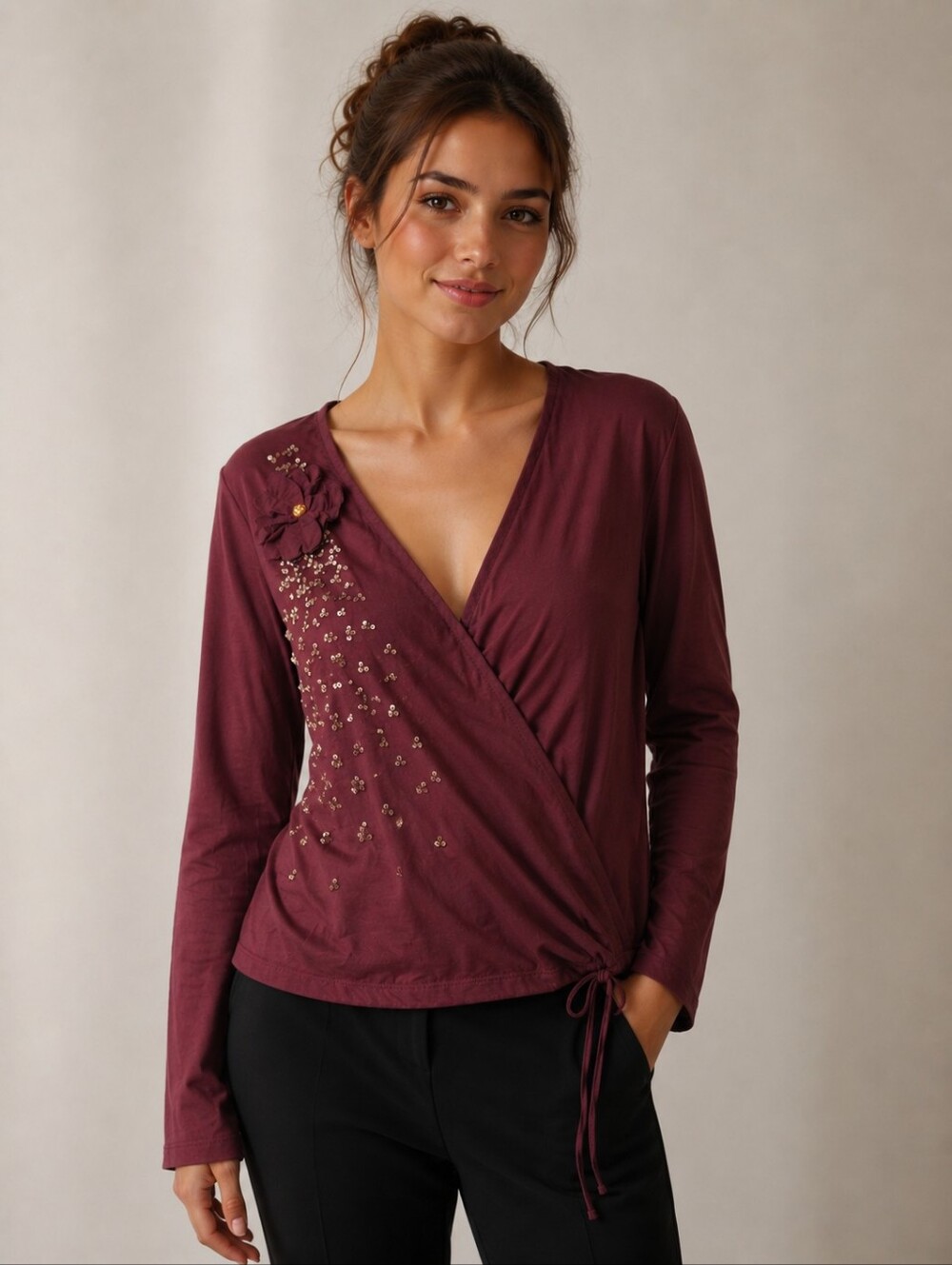 ❤️ NWT! MASSIMO DUTTI SOFT SEQUIN BEADED WRAP TOP WITH FLOWER ACCENT, XL
